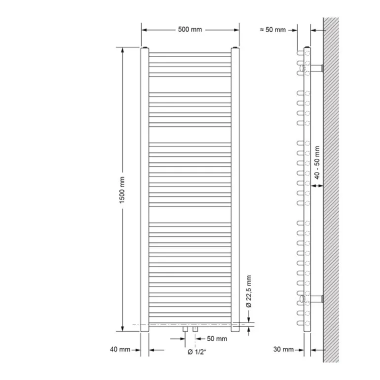 Badheizkörper mit Mittelanschluss 500x1500 mm Schwarz matt gebogen mit Boden Anschlussgarnitur LuxeBath