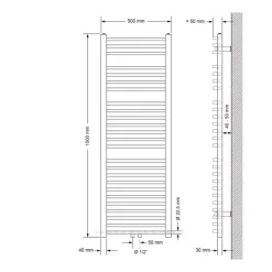 Badheizkörper mit Mittelanschluss 500x1500 mm Schwarz matt gebogen mit Wand Anschlussgarnitur LuxeBath