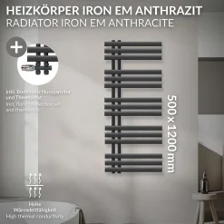 Badheizkörper Mittelanschluss 500x1200 mm Anthrazit mit Boden Anschlussgarnitur LuxeBath