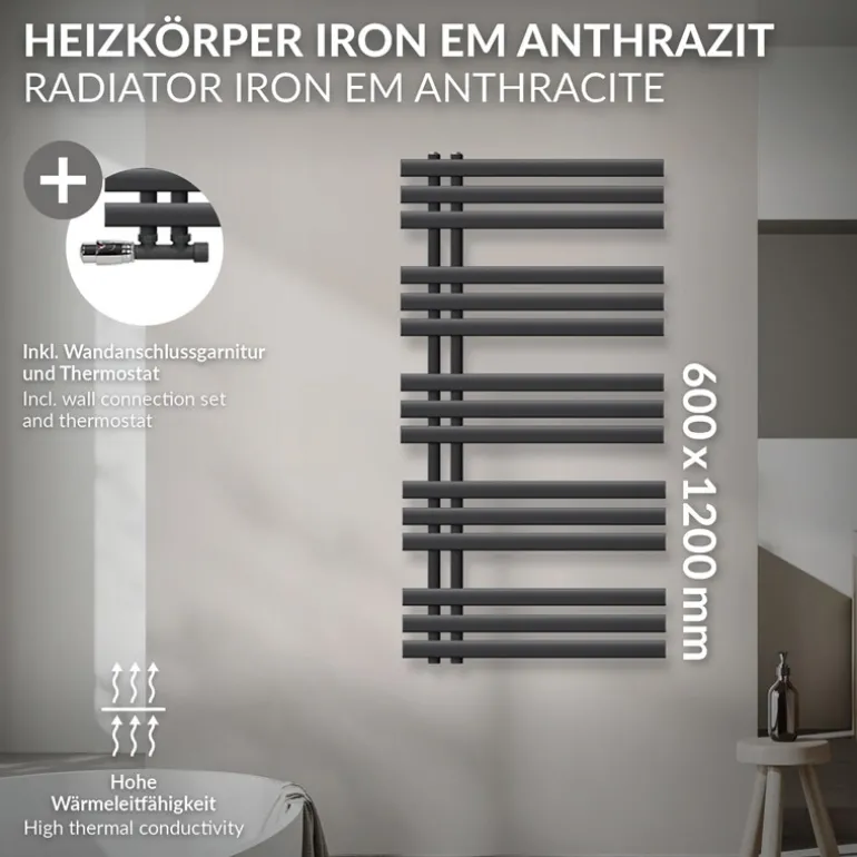 Badheizkörper Mittelanschluss 600x1200 mm Anthrazit mit Wand Anschlussgarnitur LuxeBath