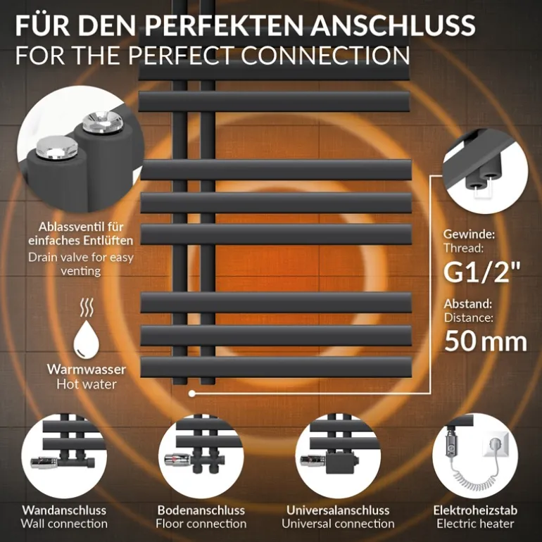 Badheizkörper Mittelanschluss 600x1200 mm Anthrazit mit Wand Anschlussgarnitur LuxeBath