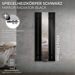 Badheizkörper Mittelanschluss mit Spiegel 450x1200 mm Schwarz inkl. Bodenanschlussgarnitur mit Thermostat LuxeBath
