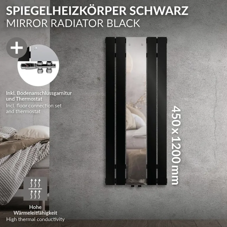 Badheizkörper Mittelanschluss mit Spiegel 450x1200 mm Schwarz inkl. Bodenanschlussgarnitur mit Thermostat LuxeBath