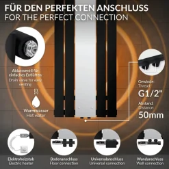Badheizkörper Mittelanschluss mit Spiegel 450x1200 mm Schwarz inkl. Bodenanschlussgarnitur mit Thermostat LuxeBath