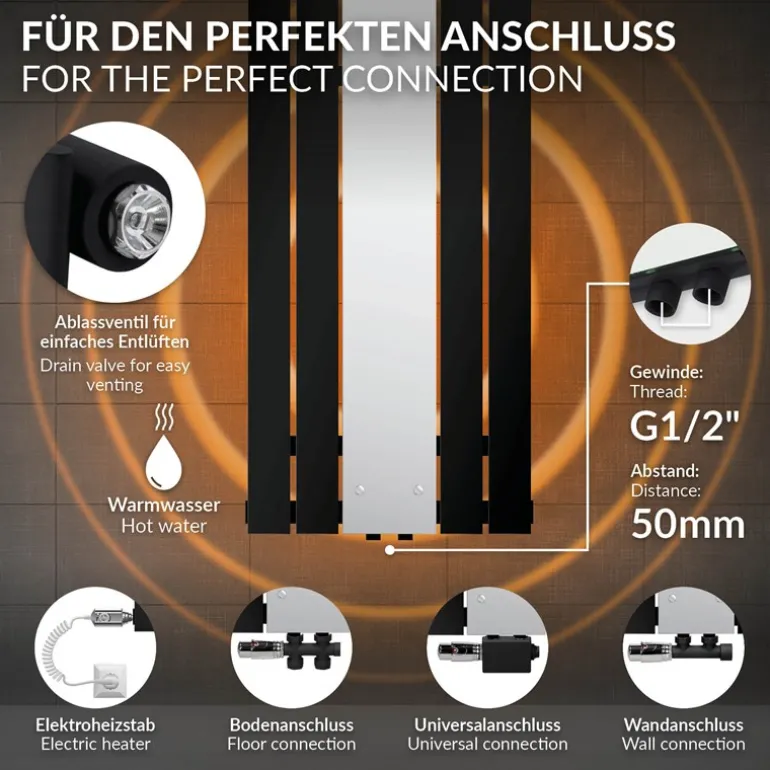Badheizkörper Mittelanschluss mit Spiegel 450x1200 mm Schwarz inkl. Universale Anschlussgarnitur mit Thermostat LuxeBath
