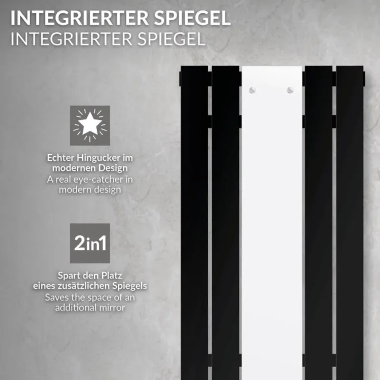 Badheizkörper Mittelanschluss mit Spiegel 450x1200 mm Schwarz inkl. Universale Anschlussgarnitur mit Thermostat LuxeBath