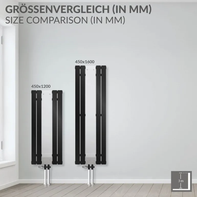 Badheizkörper Mittelanschluss mit Spiegel 450x1200 mm Schwarz inkl. Universale Anschlussgarnitur mit Thermostat LuxeBath