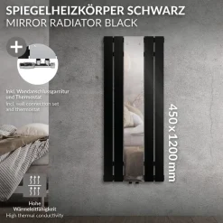 Badheizkörper Mittelanschluss mit Spiegel 450x1200 mm Schwarz inkl. Wandanschlussgarnitur mit Thermostat LuxeBath