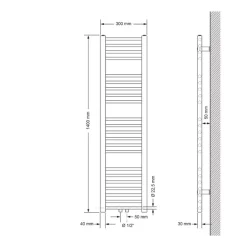 Badheizkörper Mittelanschluss 300x1400 mm Weiß gerade mit Universale Anschlussgarnitur LuxeBath