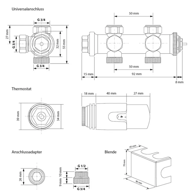 Badheizkörper Mittelanschluss 300x1400 mm Weiß gerade mit Universale Anschlussgarnitur LuxeBath