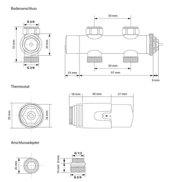 Badheizkörper Mittelanschluss 300x1400mm Weiß gerade mit Boden Anschlussgarnitur LuxeBath