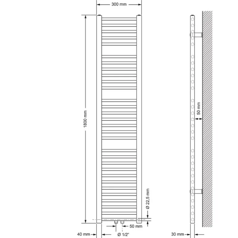 Badheizkörper Mittelanschluss 300x1800 mm Weiß gerade inkl. Montagematerial LuxeBath