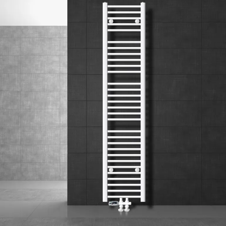 Badheizkörper Mittelanschluss 300x1800 mm Weiß gerade mit Boden Anschlussgarnitur LuxeBath