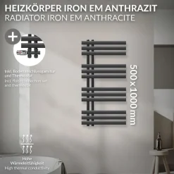 Badheizkörper Mittelanschluss 500x1000 mm Anthrazit mit Boden Anschlussgarnitur LuxeBath