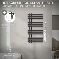 Badheizkörper Mittelanschluss 500x1000 mm Anthrazit mit Heizstab 300W LuxeBath