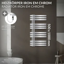 Badheizkörper Mittelanschluss 500x1000 mm Chrom mit Heizstab 300W LuxeBath
