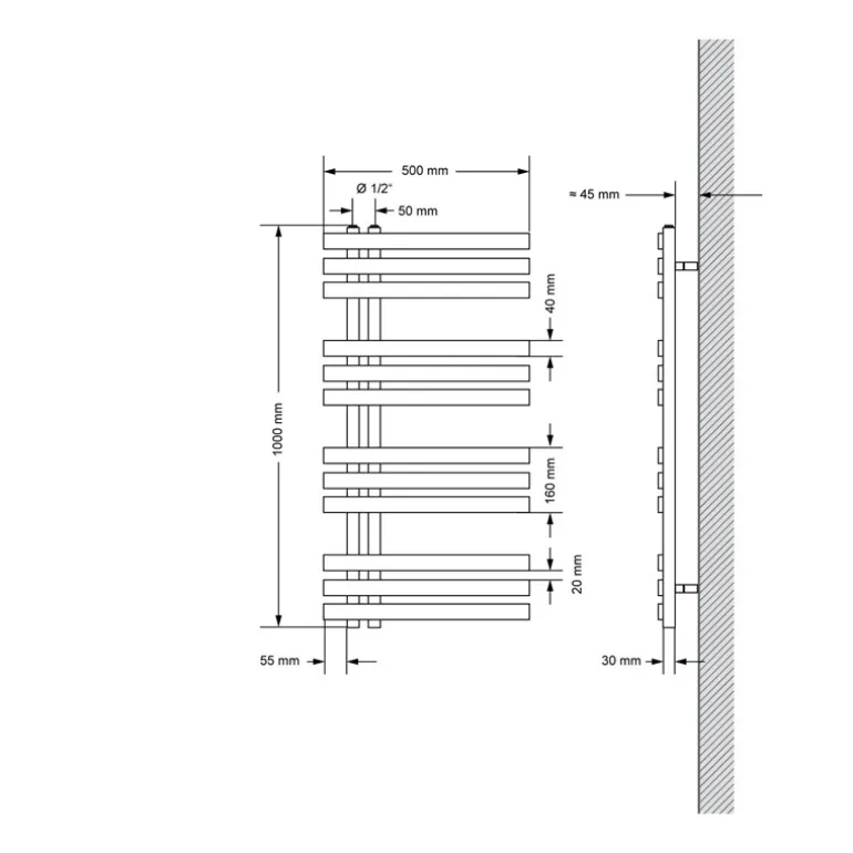Badheizkörper Mittelanschluss 500x1000 mm Chrom mit Heizstab 600W LuxeBath
