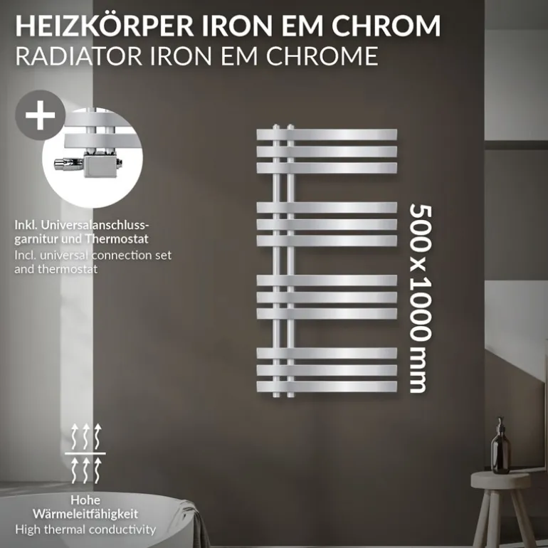 Badheizkörper Mittelanschluss 500x1000 mm Chrome mit Universale Anschlussgarnitur LuxeBath