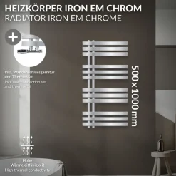 Badheizkörper Mittelanschluss 500x1000 mm Chrome mit Wand Anschlussgarnitur LuxeBath