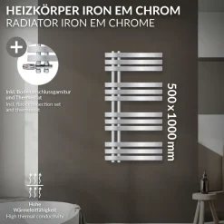 Badheizkörper Mittelanschluss 500x1000 mm Chrome mit Wand Anschlussgarnitur LuxeBath
