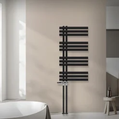 Badheizkörper Mittelanschluss 500x1000 mm Schwarz matt mit Boden Thermostatventil LuxeBath