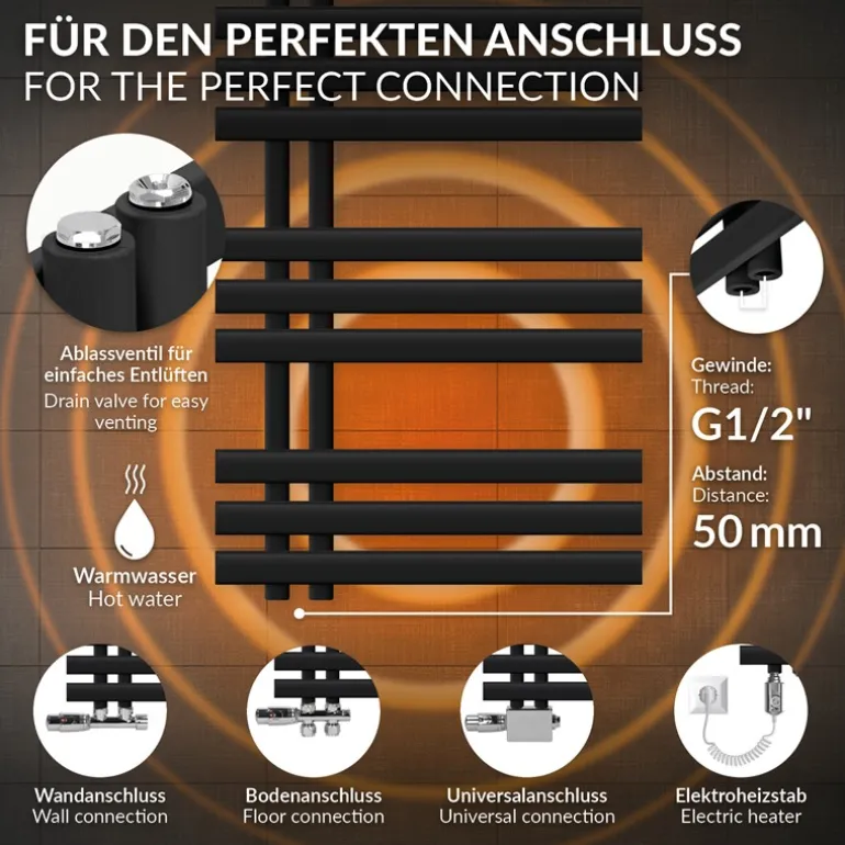 Badheizkörper Mittelanschluss 500x1000 mm Schwarz matt mit Boden Thermostatventil LuxeBath