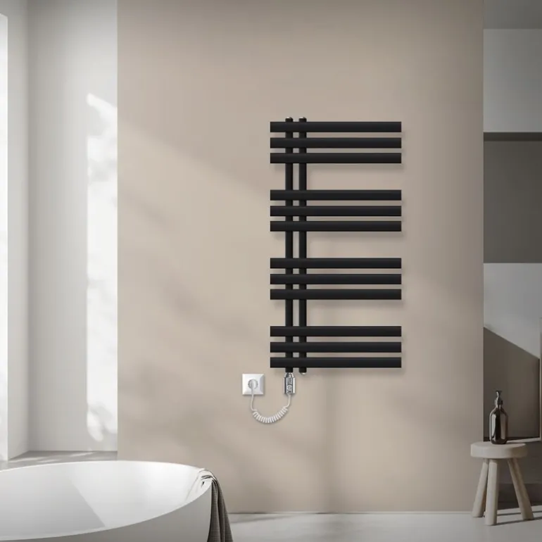 Badheizkörper Mittelanschluss 500x1000 mm Schwarz matt mit Heizstab 300W LuxeBath
