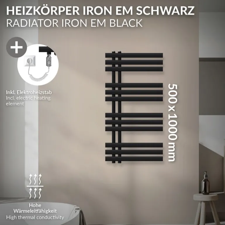 Badheizkörper Mittelanschluss 500x1000 mm Schwarz matt mit Heizstab 300W LuxeBath