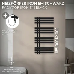 Badheizkörper Mittelanschluss 500x1000 mm Schwarz matt mit Heizstab 300W LuxeBath
