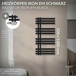 Badheizkörper Mittelanschluss 500x1000 mm Schwarz matt mit Universal Thermostatventil LuxeBath