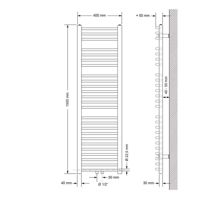 Badheizkörper Mittelanschluss 400x1500 mm Weiß gebogen mit Wand Anschlussgarnitur LuxeBath