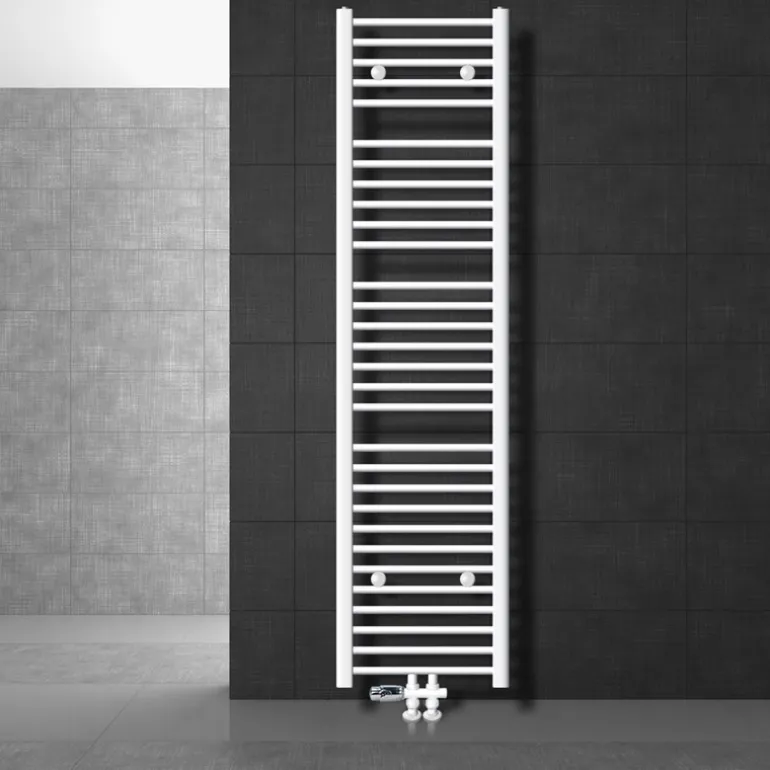 Badheizkörper Mittelanschluss 400x1800 mm Weiß gebogen mit Boden Anschlussgarnitur LuxeBath