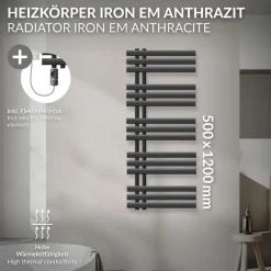Badheizkörper Mittelanschluss 500x1200 mm Anthrazit mit Heizstab 1200W LuxeBath