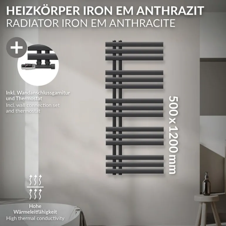 Badheizkörper Mittelanschluss 500x1200 mm Anthrazit mit Wand Anschlussgarnitur LuxeBath