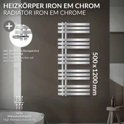 Badheizkörper Mittelanschluss 500x1200 mm Chrome mit Boden Anschlussgarnitur LuxeBath