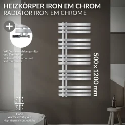 Badheizkörper Mittelanschluss 500x1200 mm Chrome mit Wand Anschlussgarnitur LuxeBath