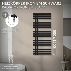 Badheizkörper Mittelanschluss 500x1200 mm Schwarz matt mit Heizstab 1200W LuxeBath