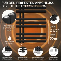 Badheizkörper Mittelanschluss 500x1200 mm Schwarz matt mit Heizstab 1200W LuxeBath