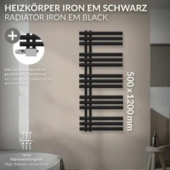 Badheizkörper Mittelanschluss 500x1200 mm Schwarz matt mit Universal Thermostatventil LuxeBath