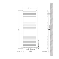 Badheizkörper Mittelanschluss 500x1200 mm Weiß gerade inkl. Montagematerial LuxeBath