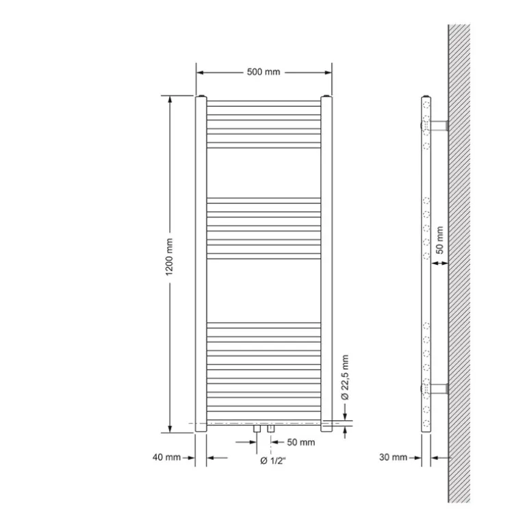 Badheizkörper Mittelanschluss 500x1200 mm Weiß gerade mit Boden Anschlussgarnitur LuxeBath