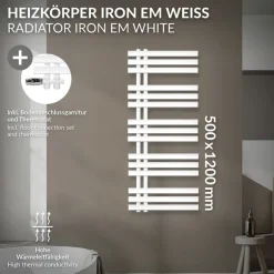 Badheizkörper Mittelanschluss 500x1200 mm Weiß mit Boden Anschlussgarnitur LuxeBath