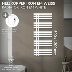 Badheizkörper Mittelanschluss 500x1200 mm Weiß mit Heizstab 1200W LuxeBath