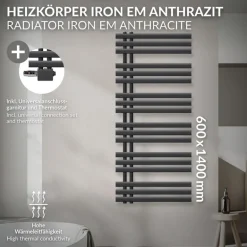 Badheizkörper Mittelanschluss 500x1200 mm Weiß mit Universal Thermostatventil LuxeBathBadheizkörper Mittelanschluss 600x1400 mm Anthrazit mit Universal Thermostatventil LuxeBath