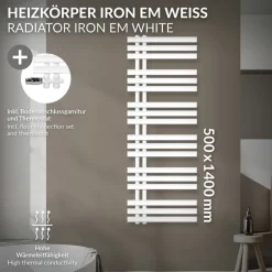 Badheizkörper Mittelanschluss 500x1400 mm Weiß mit Boden Anschlussgarnitur LuxeBath