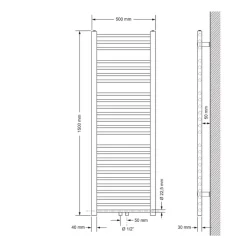 Badheizkörper Mittelanschluss 500x1500 mm Weiß gerade mit Wand Anschlussgarnitur LuxeBath