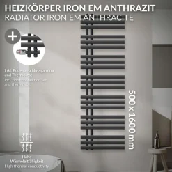 Badheizkörper Mittelanschluss 500x1600 mm Anthrazit mit Boden Anschlussgarnitur LuxeBath