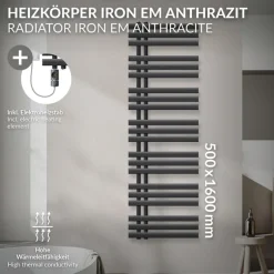 Badheizkörper Mittelanschluss 500x1600 mm Anthrazit mit Heizstab 1200W LuxeBath