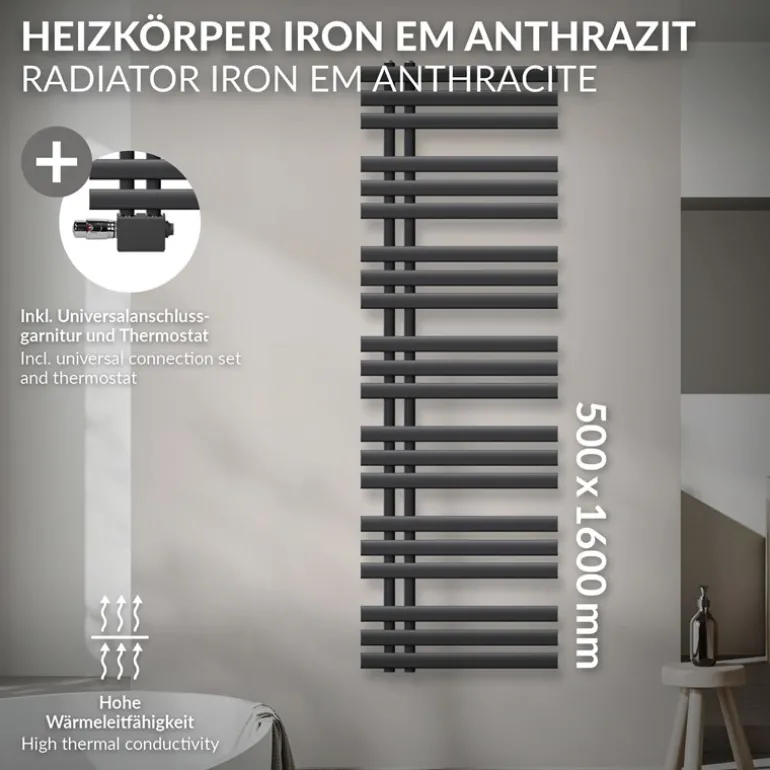 Badheizkörper Mittelanschluss 500x1600 mm Anthrazit mit Universal Anschlussgarnitur LuxeBath