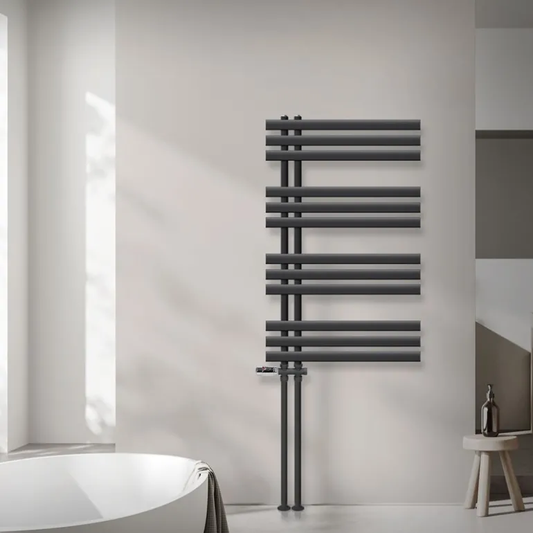 Badheizkörper Mittelanschluss 600x1000 mm Anthrazit mit Boden Anschlussgarnitur LuxeBath